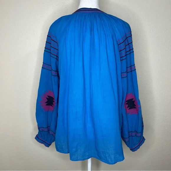 Anthro Maeve Blue & Pink Runaway Boho Southwestern Embroidered Peasant Top XS - Picture 10 of 16